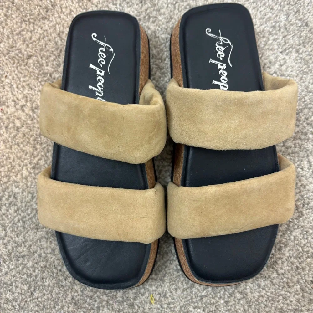 NWOT Free People Fairmount Flared Tan Suede Platform Slide Sandals Boho  38 7.5